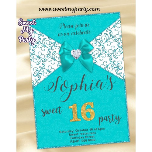 Turquoise Sweet 16 Invitation,Turquoise Quinceanera Invitation,(009a)